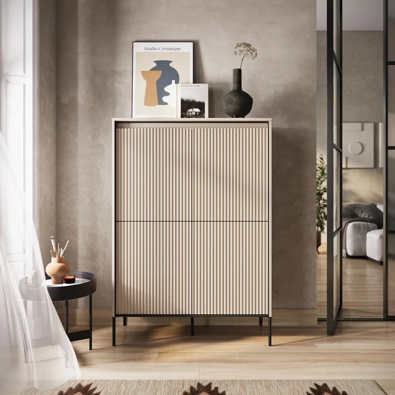Hohe vierflügelige Kommode Trend 98 cm mit LED Beige