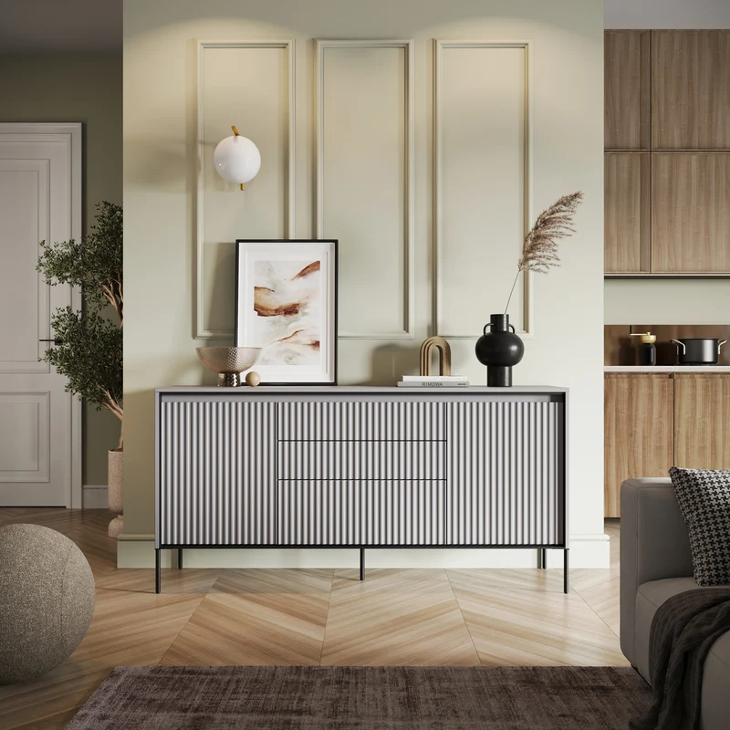 Trend Kommode mit zwei Türen, 166 cm, mit drei Schubladen und LED, Grau