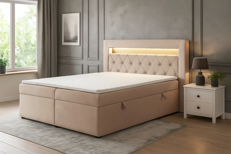 Kontinentalbett 160x200 cm Goldess mit Stauraum und LED-Beleuchtung, beige Samt