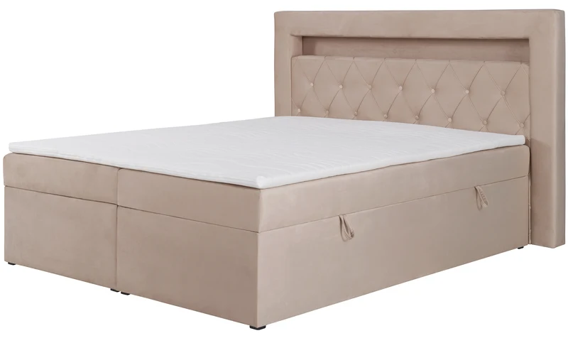 Kontinentalbett 160x200 cm Goldess mit Stauraum und LED-Beleuchtung, beige Samt