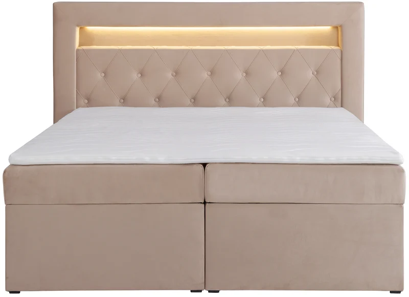 Kontinentalbett 160x200 cm Goldess mit Stauraum und LED-Beleuchtung, beige Samt