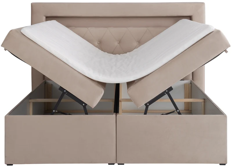 Kontinentalbett 160x200 cm Goldess mit Stauraum und LED-Beleuchtung, beige Samt