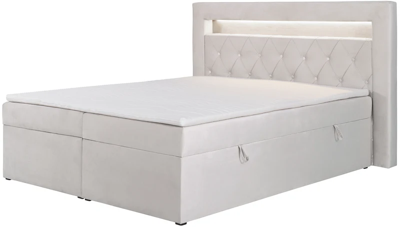 Kontinentalbett 140x200 cm Goldess mit Stauraum und LED-Beleuchtung, grau-beiges Samt
