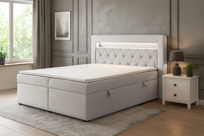 Kontinentalbett 140x200 cm Goldess mit Stauraum und LED-Beleuchtung, grau-beiges Samt