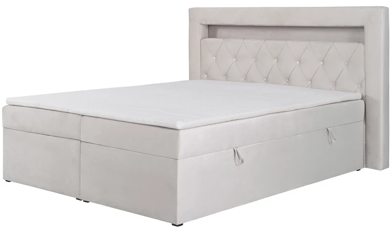 Kontinentalbett 140x200 cm Goldess mit Stauraum und LED-Beleuchtung, grau-beiges Samt