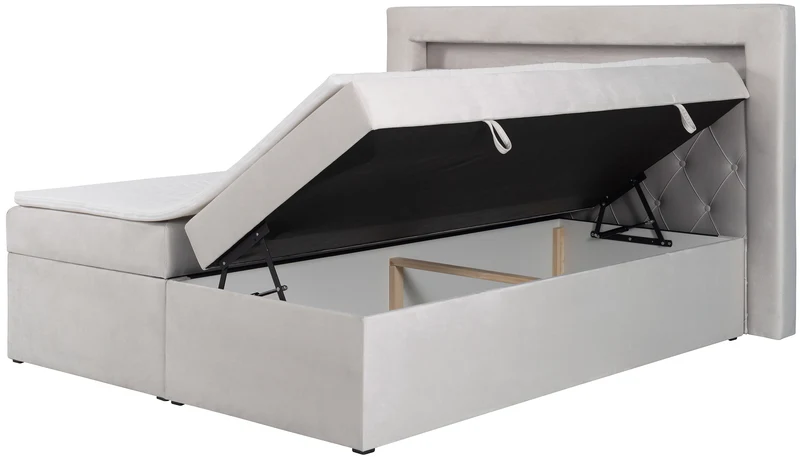 Kontinentalbett 140x200 cm Goldess mit Stauraum und LED-Beleuchtung, grau-beiges Samt
