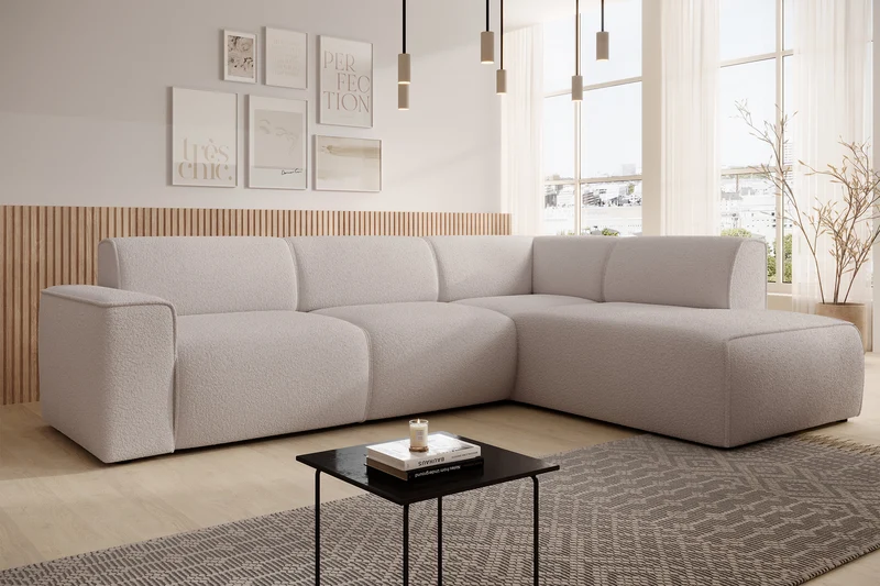 Ecksofa Bouvi L-förmig mit rechter Armlehne, hellbeige Bouclé