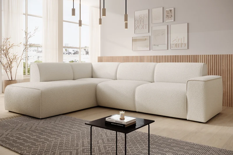 Ecksofa Bouvi L-förmig mit linker Armlehne, cremefarbenes Bouclé