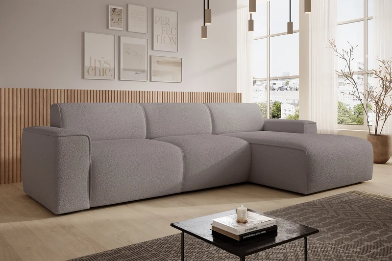 Ecksofa Bouvi L-förmig rechtsseitig, grau-braunes Bouclé