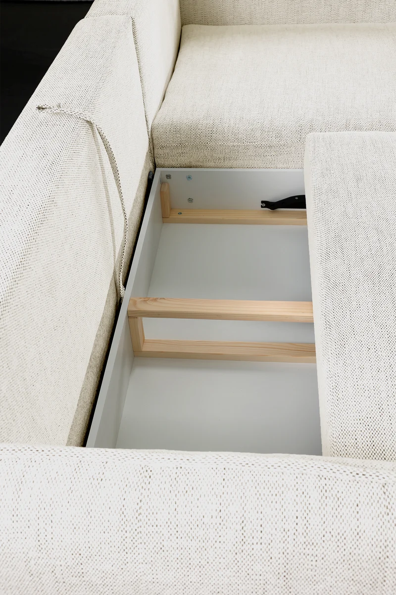 Ecksofa mit Schlaffunktion Oblivio Mini, L-förmig, rechtsseitig, mit Stauraum, beige Flechtmuster