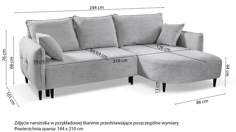 Ecksofa mit Schlaffunktion Oblivio Mini, L-förmig, rechtsseitig, mit Stauraum, weißes Geflecht
