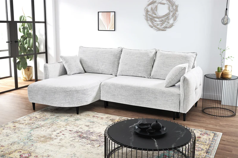 Ecksofa mit Schlafunktion Oblivio mini, L-förmig, linksseitig, mit Stauraum, weißes Geflecht
