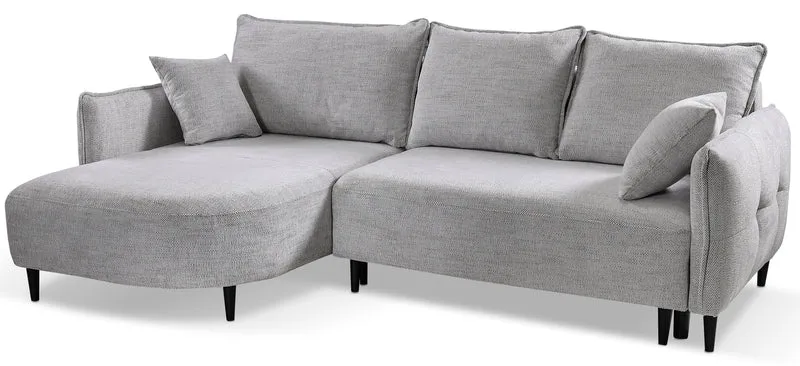 Ecksofa mit Schlaffunktion Oblivio mini, L-förmig, linksseitig, mit Stauraum, hellgraues Geflecht