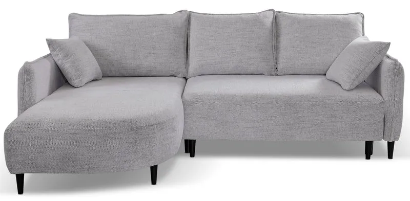 Ecksofa mit Schlaffunktion Oblivio mini, L-förmig, linksseitig, mit Stauraum, hellgraues Geflecht