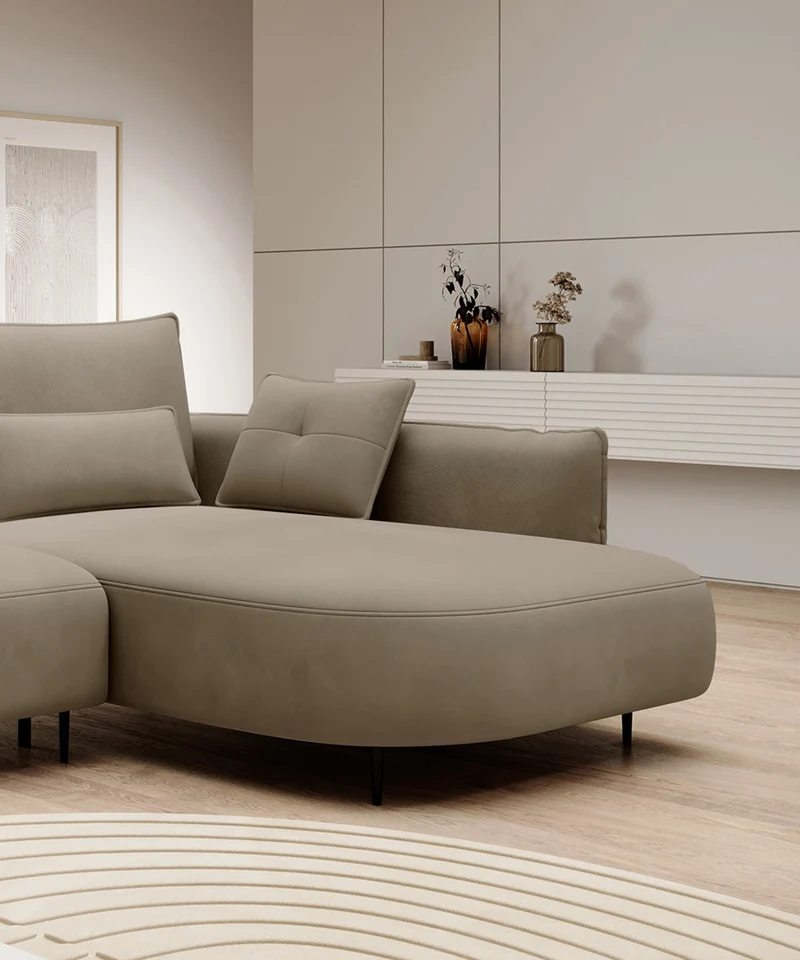 Ecksofa Oblivio mit Schlaffunktion, L-förmig, mit Stauraum, hellbraunes Samt, rechtsseitig, wasserabweisend