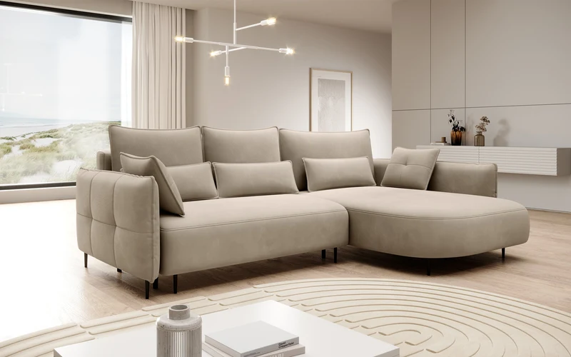 Ecksofa Oblivio mit Schlaffunktion, L-förmig, mit Stauraum, hellbeiger Samt, rechtsseitig, wasserabweisend