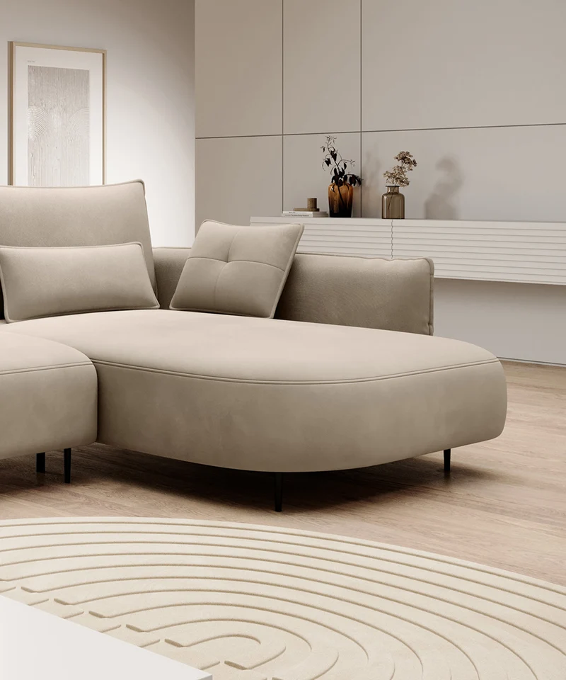 Ecksofa Oblivio mit Schlaffunktion, L-förmig, mit Stauraum, hellbeiger Samt, rechtsseitig, wasserabweisend