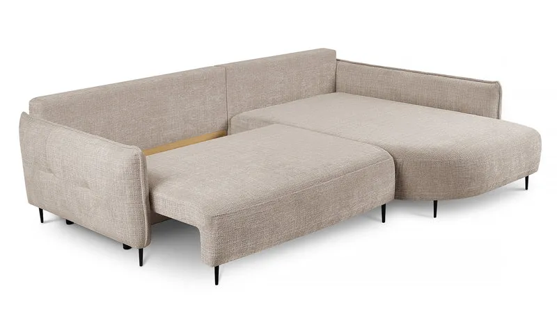 Ecksofa Oblivio mit Schlaffunktion, L-förmig, mit Stauraum, hellbeiger Chenille, rechtsseitig
