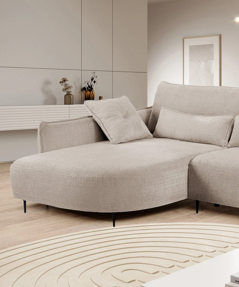 Ecksofa Oblivio mit Schlaffunktion, L-förmig, mit Stauraum, hellbeiger Chenille, linksseitig