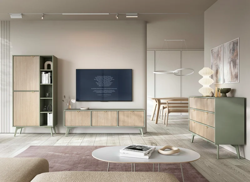 Kommode Favoria mit Schubladen 106 cm Eukalyptus/Scandi Fischgrätmuster mit goldenen Griffen