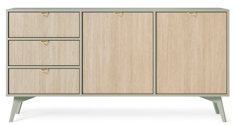 Kommode Favoria mit zwei Türen und Schubladen, 158 cm, Eukalyptus/Fischgrätmuster Scandi mit goldenen Griffen