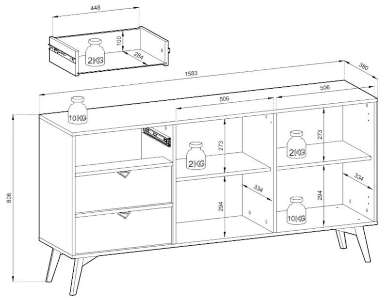 Kommode Favoria mit zwei Türen und Schubladen, 158 cm, Eukalyptus/Fischgrätmuster Scandi mit goldenen Griffen