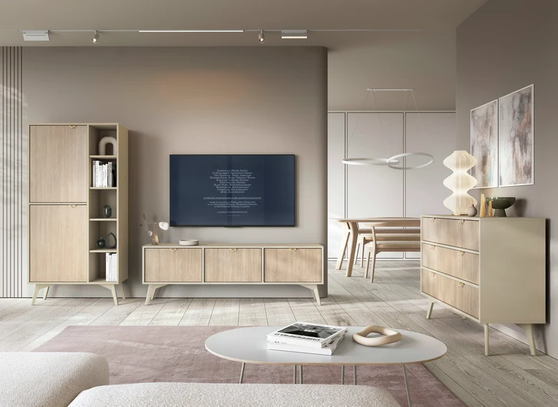 Kommode Favoria mit Schubladen 106 cm beige/Scandi Fischgrätmuster mit goldenen Griffen