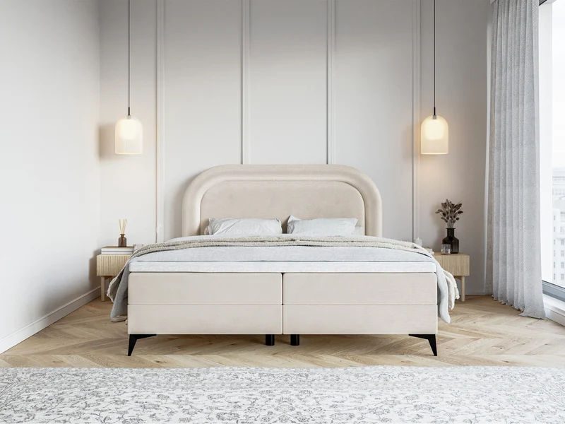 Kontinentales Bett 140x200 cm Loreo mit Topper und Stauraum, grau-beiger hydrophober Samt