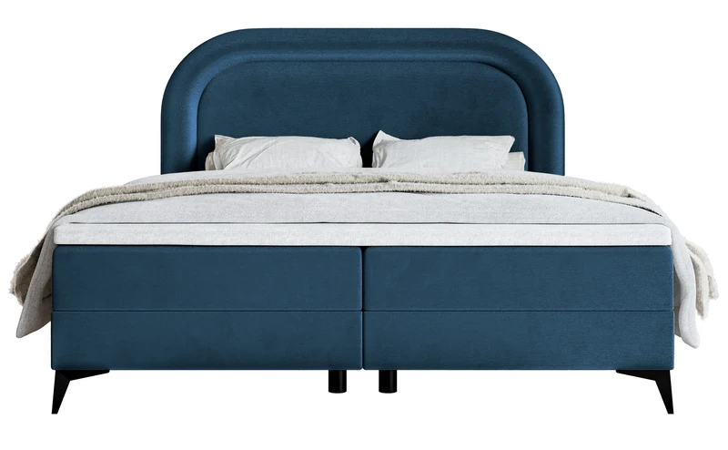 Kontinentales Bett 160x200 cm Loreo mit Topper und Stauraum, marineblauer Velours mit wasserabweisender Beschichtung