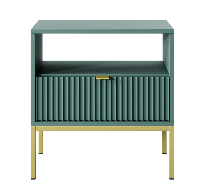 Nachttisch Vellore 54 cm grün mit geriffelter Front, goldenen Griffen und Gestell