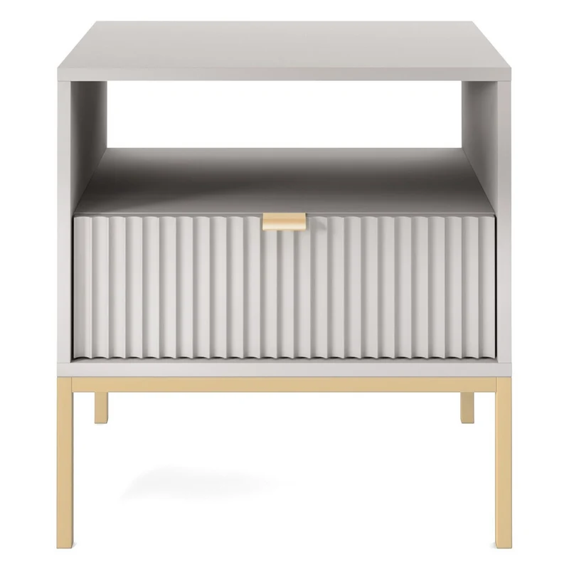Nachttisch Vellore 54 cm grau mit gerillter Front und goldenem Gestell