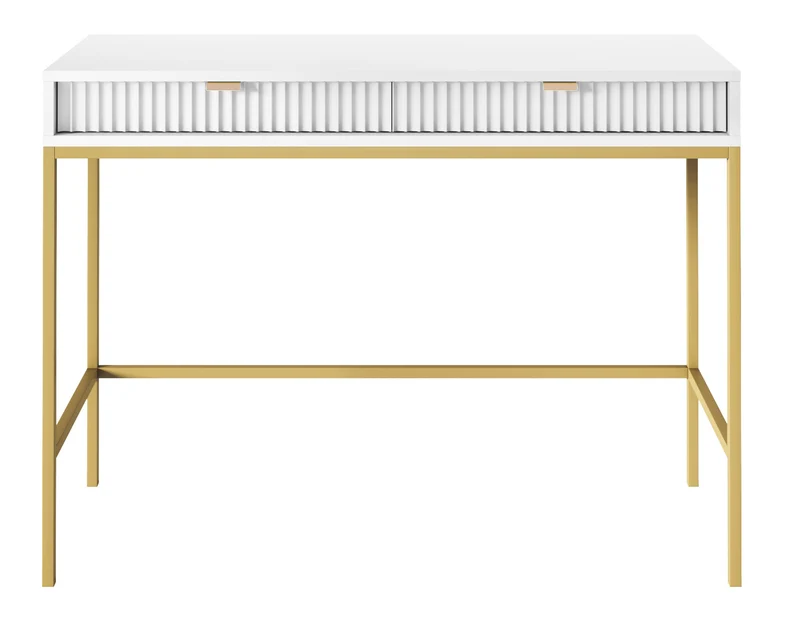 Schminktisch Vellore 104 cm weiß mit gerillten Fronten und goldenem Gestell