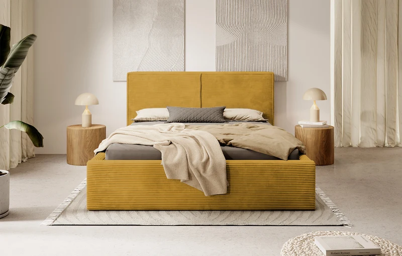 Gepolstertes Bett 160x200 cm Farese mit Stauraum und Gasdruckfeder, senfgelb Cord