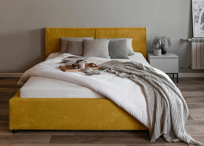 Gepolstertes Bett 160x200 cm Farese mit Stauraum und Gasdruckfeder, senfgelb Cord