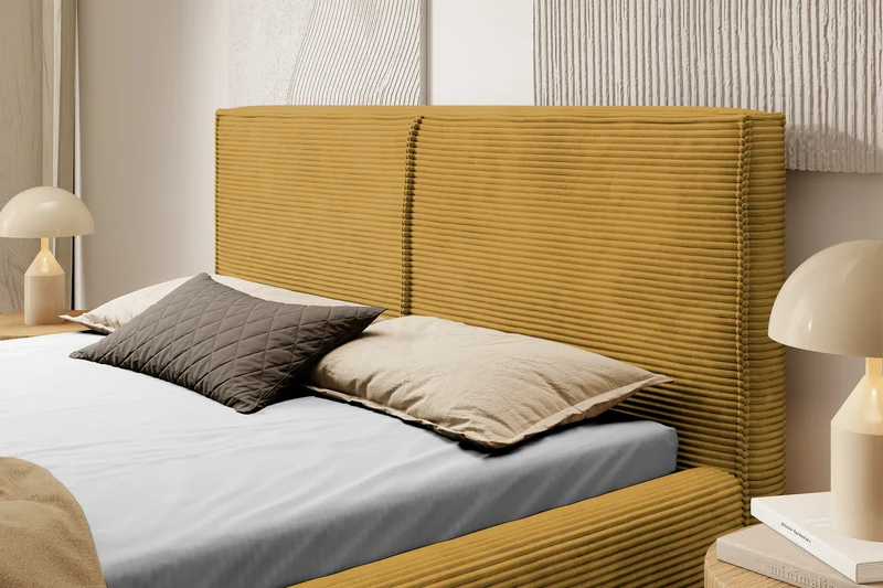 Gepolstertes Bett 160x200 cm Farese mit Stauraum und Gasdruckfeder, senfgelb Cord
