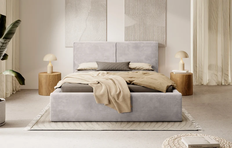 Polsterbett 140x200 cm Farese mit Stauraum und Gasdruckfeder, dunkelbeige Cord