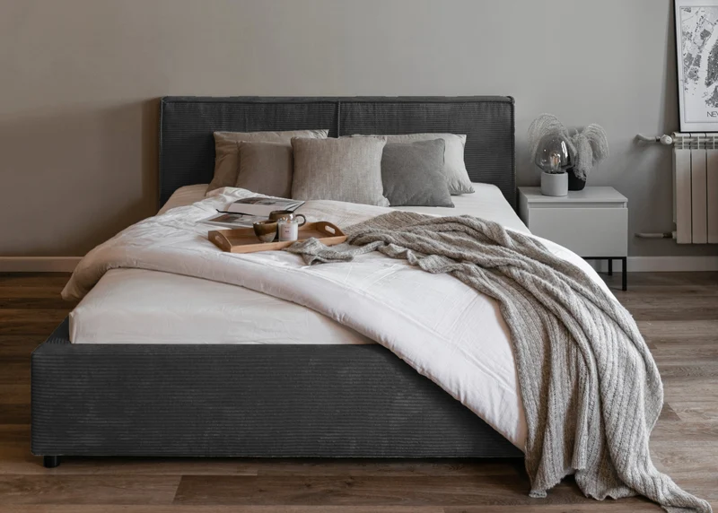 Gepolstertes Bett 160x200 cm Farese mit Stauraum und Gasdruckfeder, dunkelgrauer Cordstoff