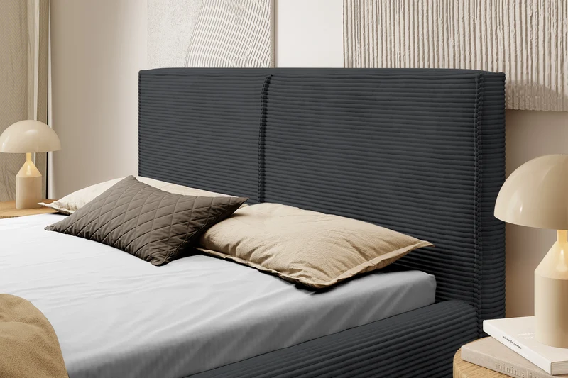 Gepolstertes Bett 140x200 cm Farese mit Stauraum und Gasdruckfeder, dunkelgrauer Cord