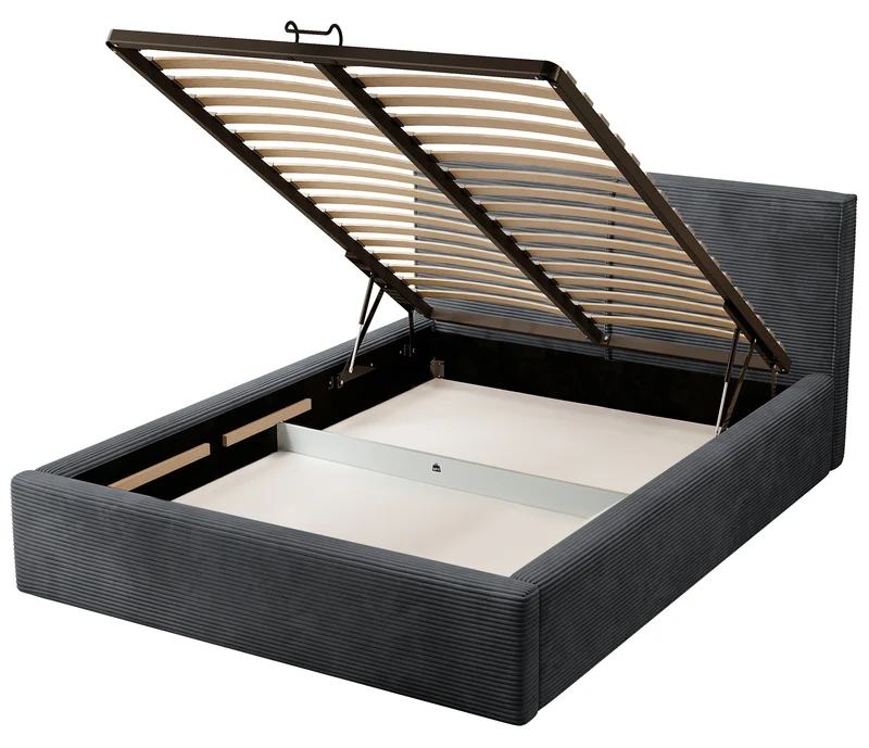 Gepolstertes Bett 160x200 cm Farese mit Stauraum und Gasdruckfeder, dunkelgrauer Cordstoff
