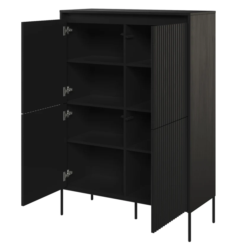 Trend vier­türige hohe Kommode 98 cm mit LED Schwarz
