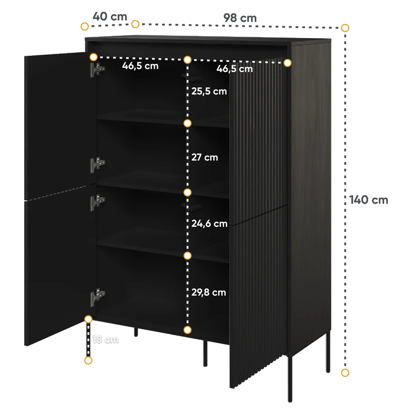 Trend vier­türige hohe Kommode 98 cm mit LED Schwarz