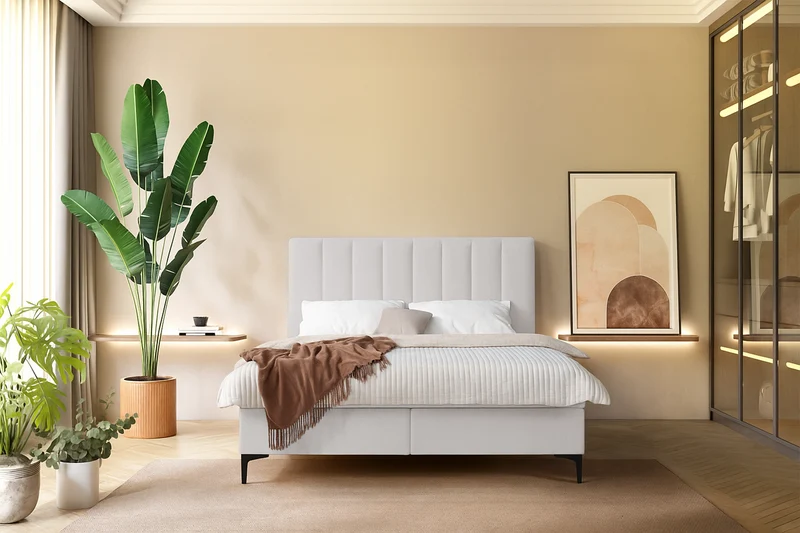 Kontinentales Bett 160x200 cm Lorentes mit Stauraum und Topper, hellbeige Flechtmuster