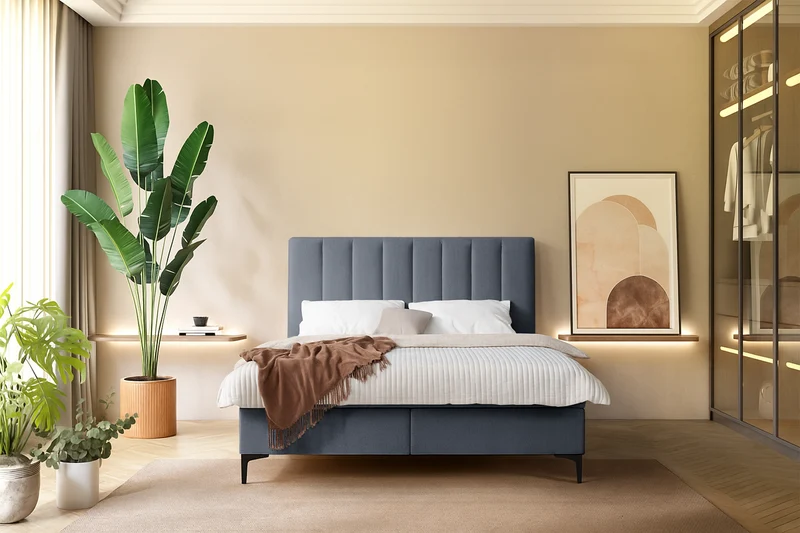 Kontinentales Bett 180x200 cm Lorentes mit Stauraum und Topper, dunkelgraues Flechtmuster