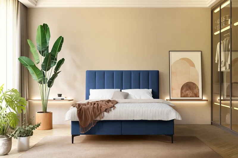 Kontinentales Bett 160x200 cm Lorentes mit Stauraum und Topper, marineblaue Flechtung