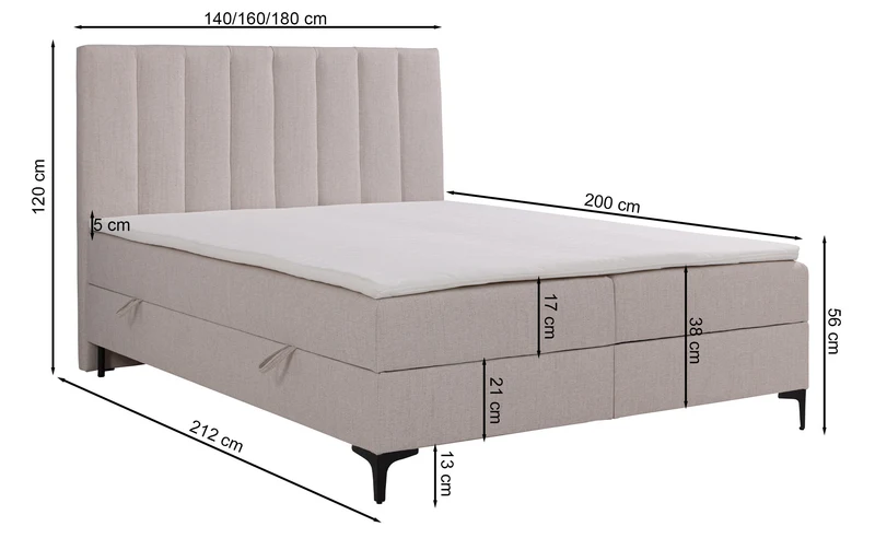 Kontinentales Bett 160x200 cm Lorentes mit Stauraum und Topper, dunkelgraues Geflecht