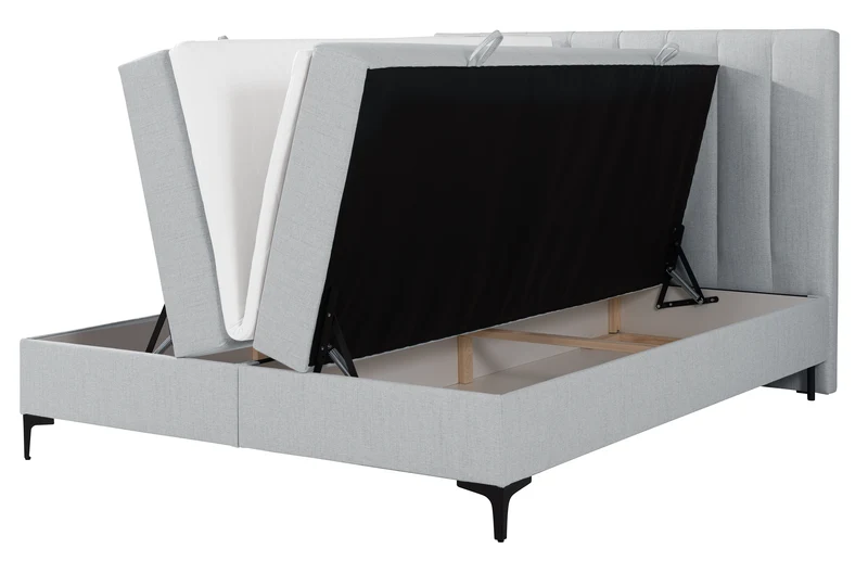 Kontinentales Bett 140x200 cm Lorentes mit Stauraum und Topper, hellgraues Flechtmuster