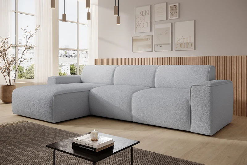 Ecksofa Bouvi L-förmig linksseitig hellgrauer Bouclé-Stoff