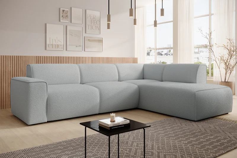 Ecksofa Bouvi L-förmig mit rechter Armlehne, hellgrauer Bouclé-Stoff