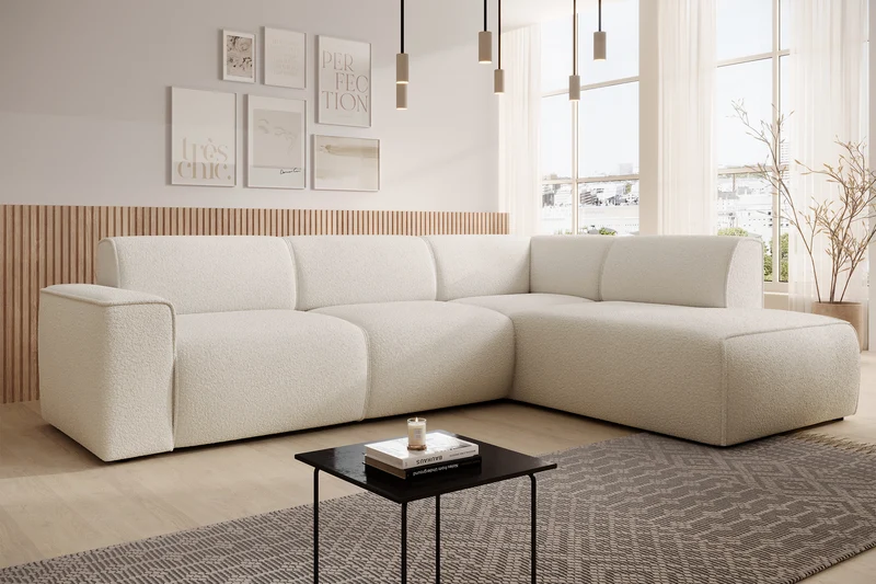Ecksofa Bouvi L-förmig mit rechter Armlehne, cremefarbenes Bouclé