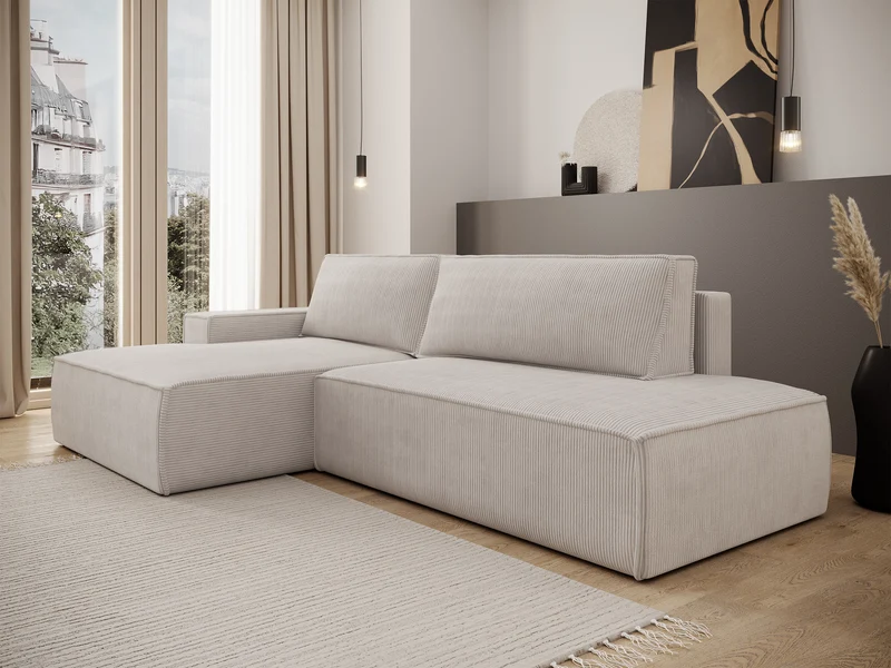 Ecksofa mit Schlaffunktion Felicjo, L-förmig, linksseitig, mit Stauraum, grau-beiges Cordstoff